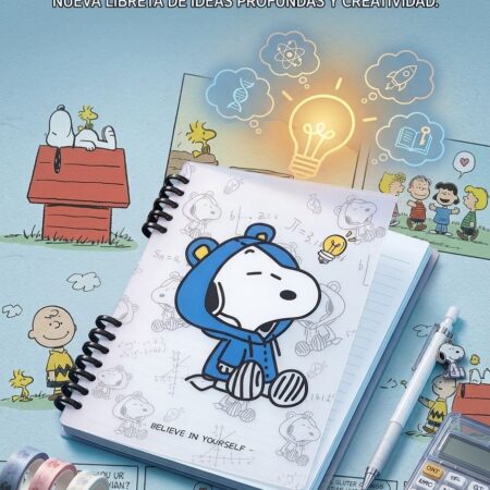 LIBRETA SNOOPY PASTA TRANSPARENTE Y HOJAS CON DISEÑO
