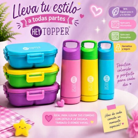 SET TUPPER CON VASO INCLUYE CUCHARA 3 COLORES DIFERENTES
