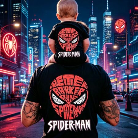 DÚO PLAYERA SPIDERMAN ADULTO E INFANTIL COLORES BLANCO Y NEGRO