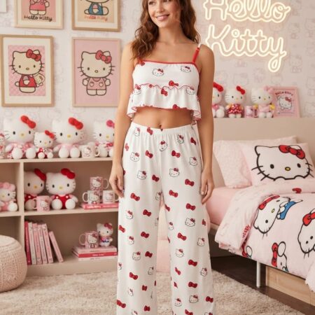 PIJAMA DE DAMA CONJUNTO DE DOS PIEZAS PANTALÓN Y TOP (DISEÑOS ROSITA FRESITA, KITTY Y FRESAS)