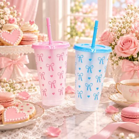 VASO DE MOÑOS CAJA DE 10PZ ROSA Y AZUL, INCLUYE POPOTE Y TAPA